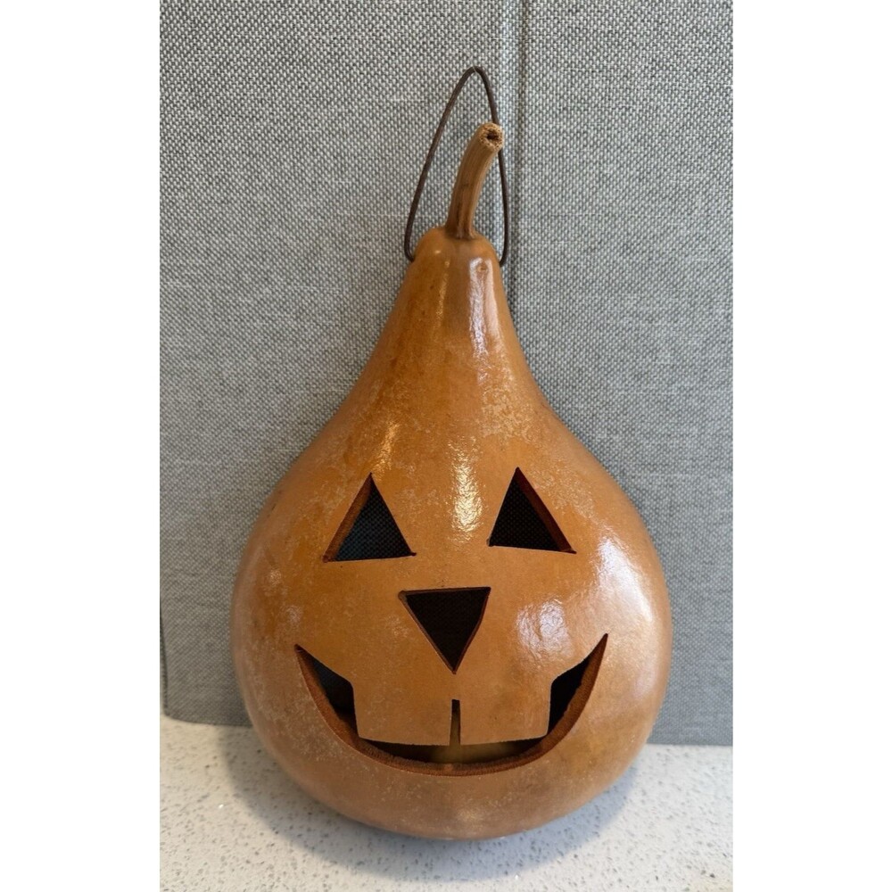 Vtg Folk Art Halloween Gourd Hand Painted Jack O Lantern Pumpkin 10 X 5 Fall